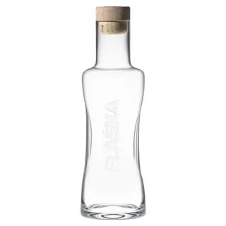 Clear glass bottle with wooden cork, embossed with "FLASKA".