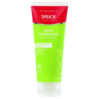 Green tube of Speick Aktiv Fussbalsam, labelled as vegan and natural foot balm.