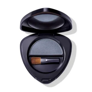 Open black eyeshadow compact with brush and grey-blue shade.