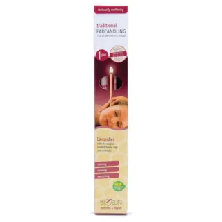 Traditional ear candling box with calming, relaxing, energising text. Biosun branding visible.