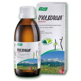 A.Vogel Molkosan Original bottle and box with mountain landscape design.