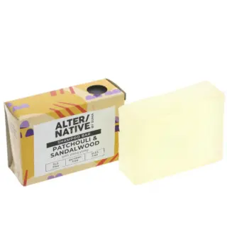 Shampoo bar with patchouli and sandalwood in colourful packaging.