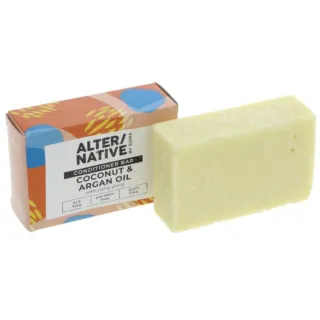 Conditioner bar with coconut and argan oil, SLS and paraben free, in colourful packaging.