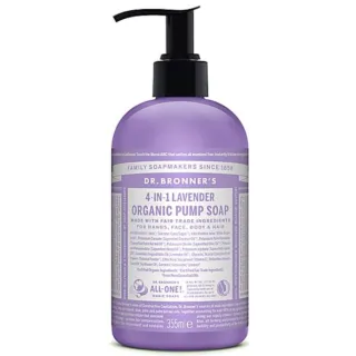 Dr. Bronner's 4-in-1 Lavender Organic Pump Soap, 355ml bottle with pump dispenser.
