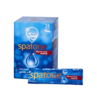 Spatone daily iron shots box and sachet, blue packaging, 28 sachets.