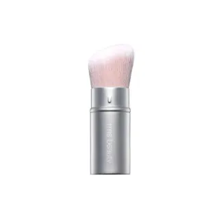 Silver makeup brush with white bristles, "rms beauty" text on handle.
