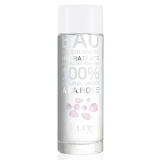 Kure Bazaar nail polish remover, 100% natural origin, rose scent, clear bottle with white cap.