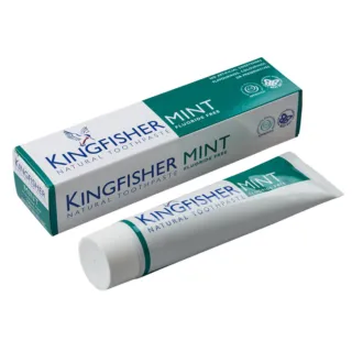 Kingfisher Mint Natural Toothpaste, fluoride-free, with box and tube shown.