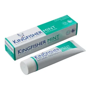 Kingfisher Mint Natural Toothpaste with fluoride, tube and box, green and white packaging.