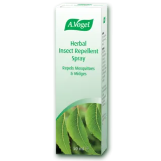 A.Vogel Herbal Insect Repellent Spray box, 50 ml, with leaf design.