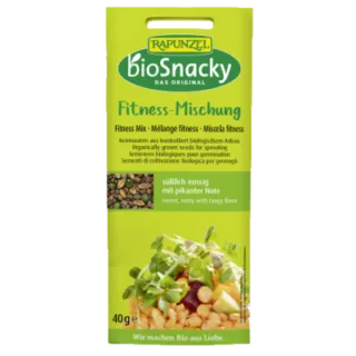 Rapunzel bioSnacky Fitness Mix, 40g, sweet and nutty with tangy flavour, green packaging.