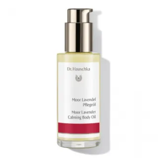 Dr. Hauschka Moor Lavender Calming Body Oil in a pump bottle.