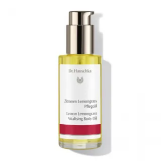 Dr. Hauschka Lemon Lemongrass Vitalising Body Oil in a pump bottle.