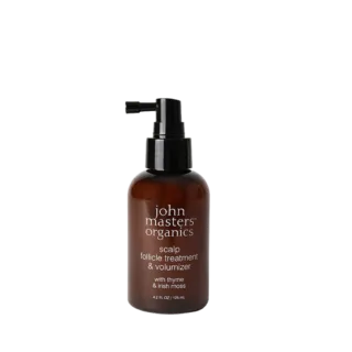 Brown bottle of John Masters Organics scalp treatment, 125 ml, with pump dispenser.