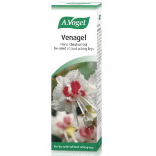 Venagel horse chestnut gel box with red flower image. Text: "For the relief of tired aching legs".