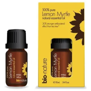Lemon Myrtle essential oil bottle and box, 10ml, bio-nature brand, yellow packaging.