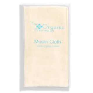 Beige muslin cloth in packaging with "The Organic Pharmacy" text. 100% organic cotton.