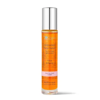 Orange bottle of antioxidant face serum with silver cap, labelled for all skin types.