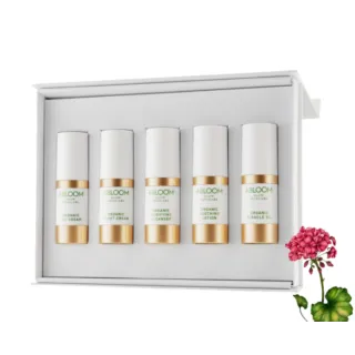 Five Abloom skincare bottles in a white box, with a pink flower on the side.