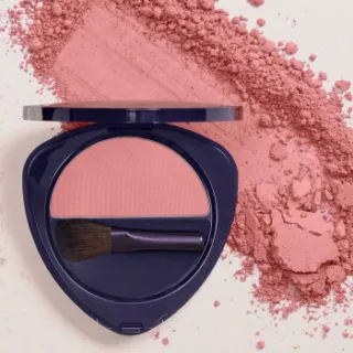 Pink blush compact with brush, surrounded by loose powder on a light background.
