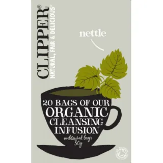 Clipper nettle tea box with 20 organic cleansing infusion bags, unbleached, 30g.
