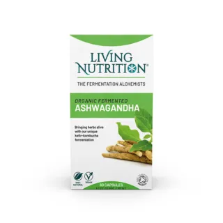 Living Nutrition Organic Fermented Ashwagandha, 60 capsules, vegan, 100% natural.