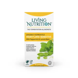 Living Nutrition Your Flora Sensitive capsules with peppermint and lemon balm, 60 count.