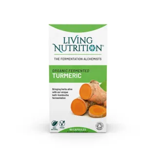 Living Nutrition Organic Fermented Turmeric capsules, 60 count, vegan and organic certified.