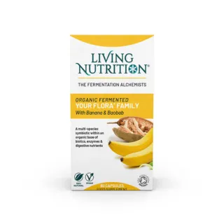 Living Nutrition Your Flora Family supplement with banana and baobab, 60 capsules, vegan.