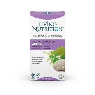 Living Nutrition Organic Fermented Wisdom capsules box with herbal ingredients.