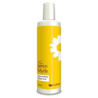 Yellow bottle of bio-nature Lemon Myrtle liquid soap, 250ml, with white flower design.