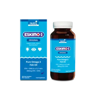 Eskimo-3 Pure Omega-3 Fish Oil, 250 capsules, supports brain, vision, heart function.