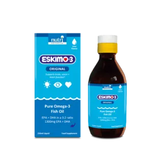 Eskimo-3 Original Pure Omega-3 Fish Oil, lime flavour, 210ml bottle and box.