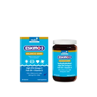 Eskimo-3 Balanced Mind capsules, high EPA Omega-3 fish oil and vitamin D, 50 capsules.