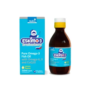 Eskimo-3 Brainsharp Omega-3 Fish Oil, lemon flavour, 210ml bottle and packaging.