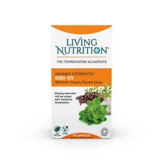 Living Nutrition SIBO-GO capsules with garlic, oregano, thyme, and cloves. 60 capsules.