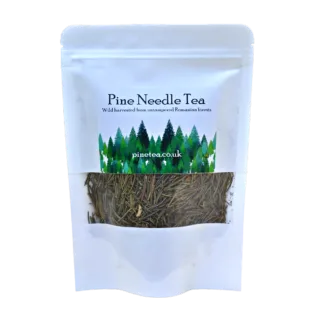 Pine Needle Tea in a white pouch with forest design and website pinetea.co.uk.