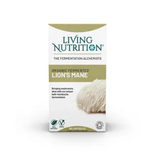 Living Nutrition Lion's Mane supplement box, 60 capsules, organic and vegan.