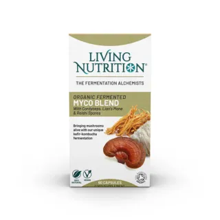 Living Nutrition Myco Blend box with Cordyceps, Lion's Mane, Reishi images. 60 capsules.