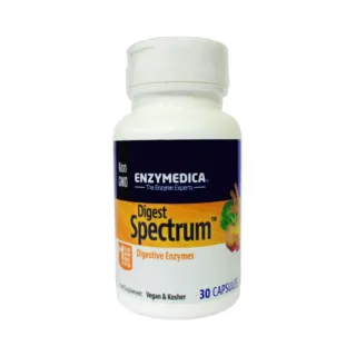 Enzymedica Digest Spectrum bottle, 30 capsules, non-GMO, vegan, kosher.
