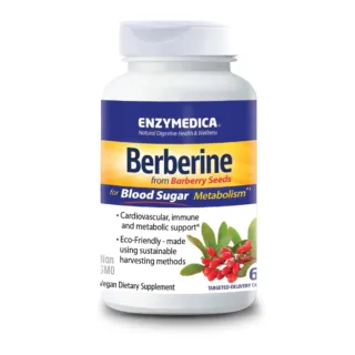 Enzymedica Berberine supplement bottle with barberry seeds image. Non-GMO, vegan, eco-friendly.