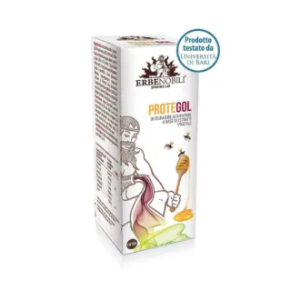 Erbenobili Protegol supplement box with illustration and bees. Tested by Università di Bari.