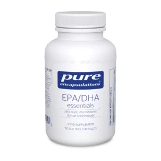 White bottle of Pure Encapsulations EPA/DHA essentials, 90 softgel capsules.