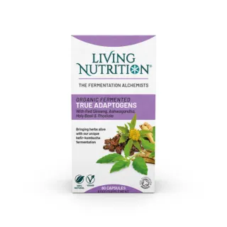 Living Nutrition True Adaptogens supplement box with herbal ingredients.