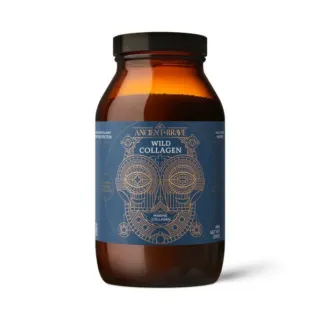 Brown jar with blue label reading "Ancient + Brave Wild Collagen".