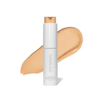 RMS Beauty foundation bottle with beige swatch behind.