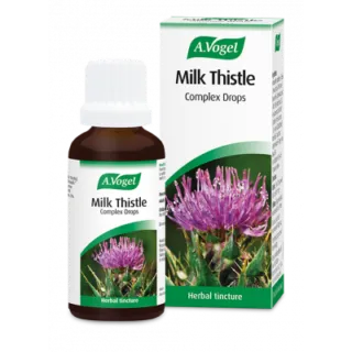 A.Vogel Milk Thistle Complex Drops bottle and box with purple flower image.