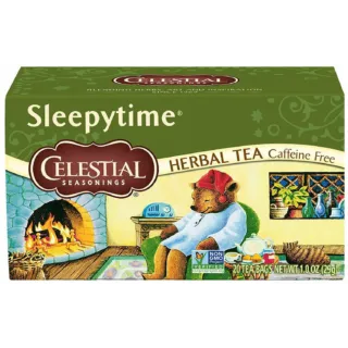 Sleepytime herbal tea box with a bear in a chair by a fireplace. Caffeine free, 20 tea bags.