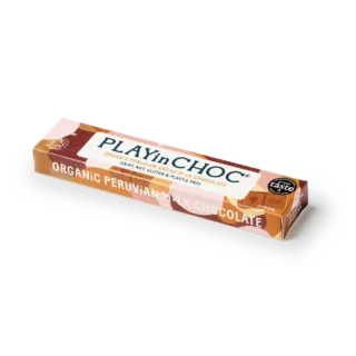 PLAYinCHOC organic Peruvian milk chocolate bar on a white tray.