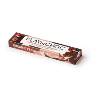 PLAYin CHOC organic Peruvian dark chocolate bar, 3 pieces, on a white tray.